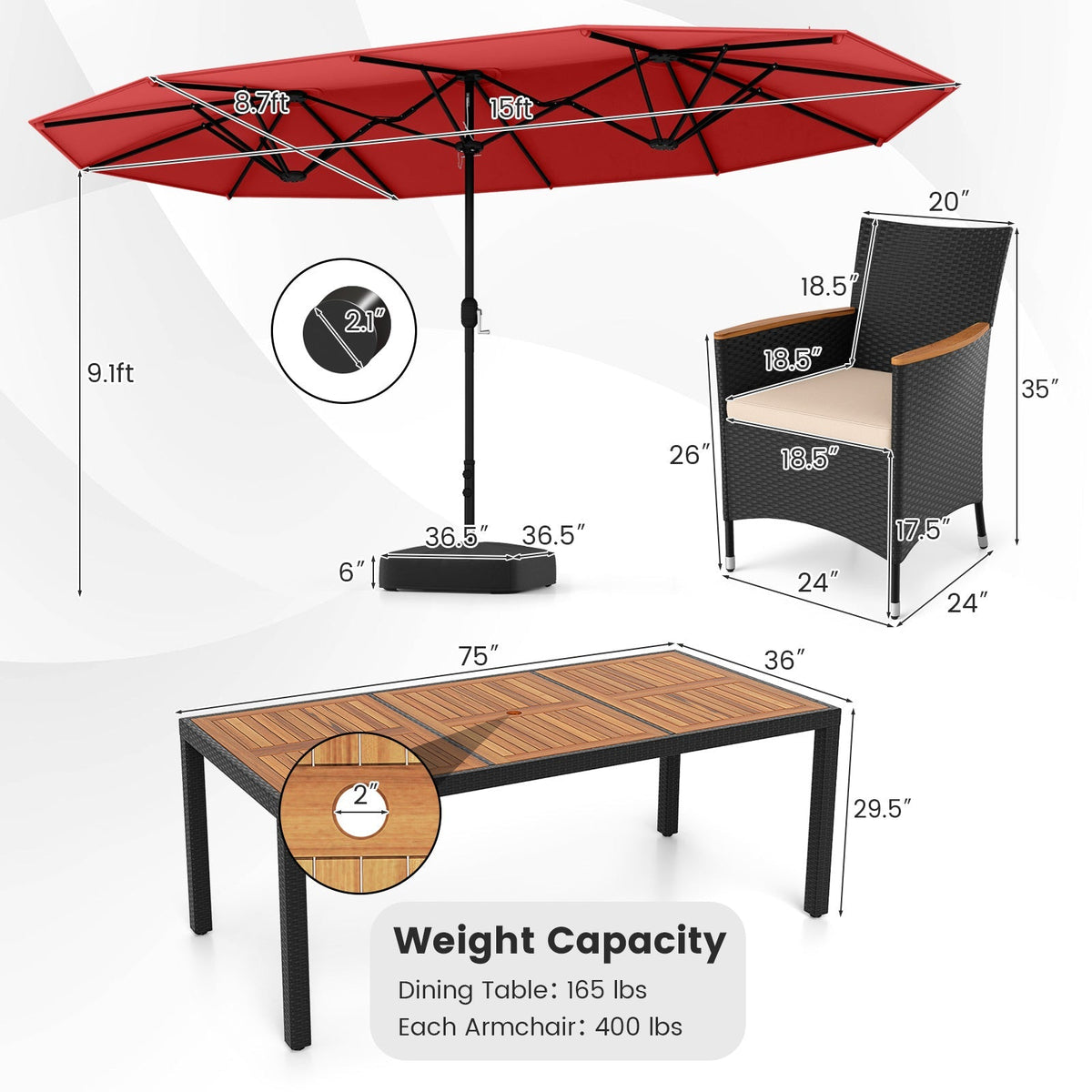 10 Piece Outdoor Dining Set with 15 Feet Double-Sided Twin Umbrella
