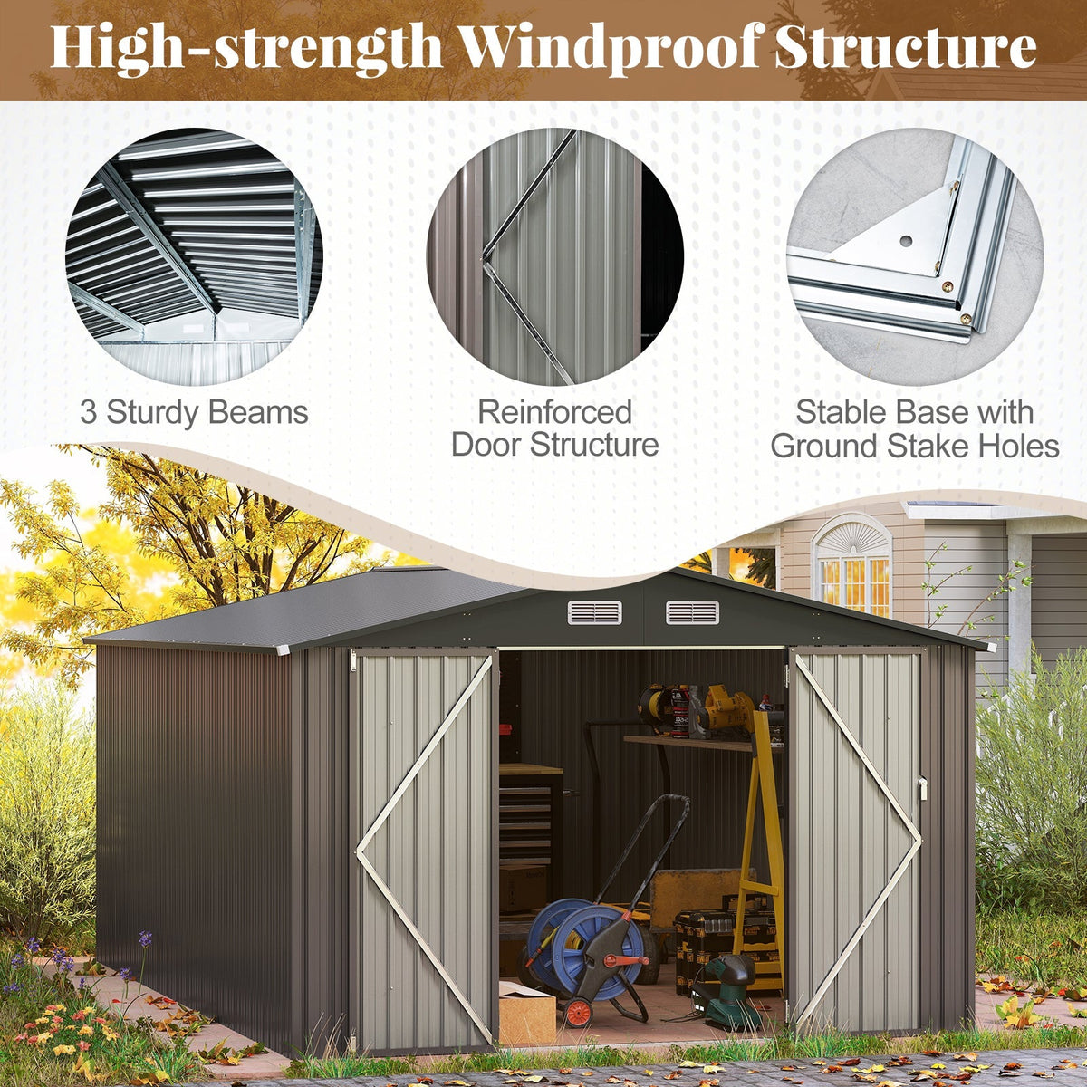 10 x 14 FT Outdoor Storage Shed with Improved Windproof Metal Structure-Gray