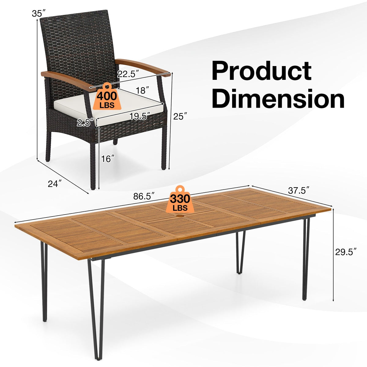 9 Pieces Outdoor Patio Dining Set with Acacia Wood Square Table and Umbrella Hole