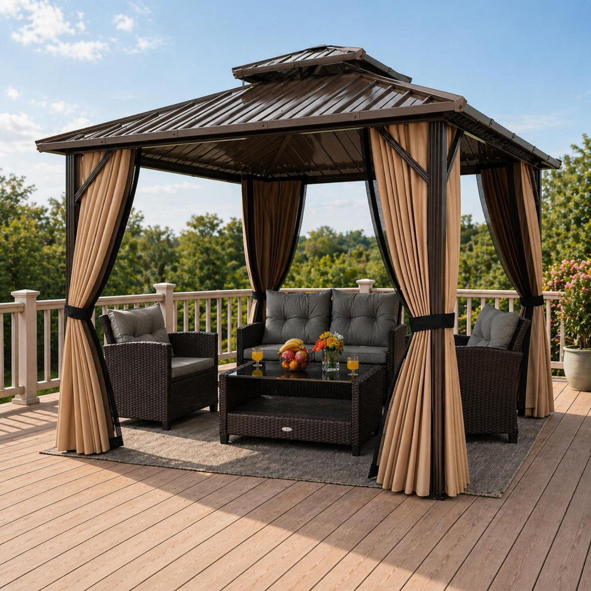 Complete Outdoor Lounge Ensemble: All-Weather 10' x 10' Hardtop Gazebo and 4