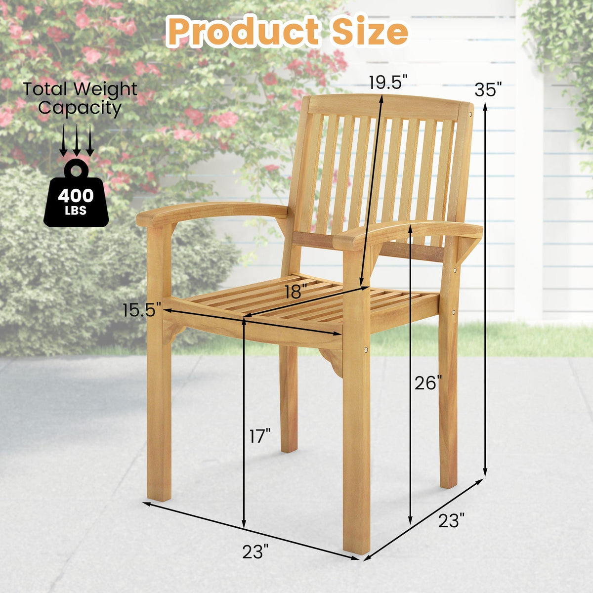 Set of 4 Outdoor Patio Chair with Slatted Seat and Curved Seat
