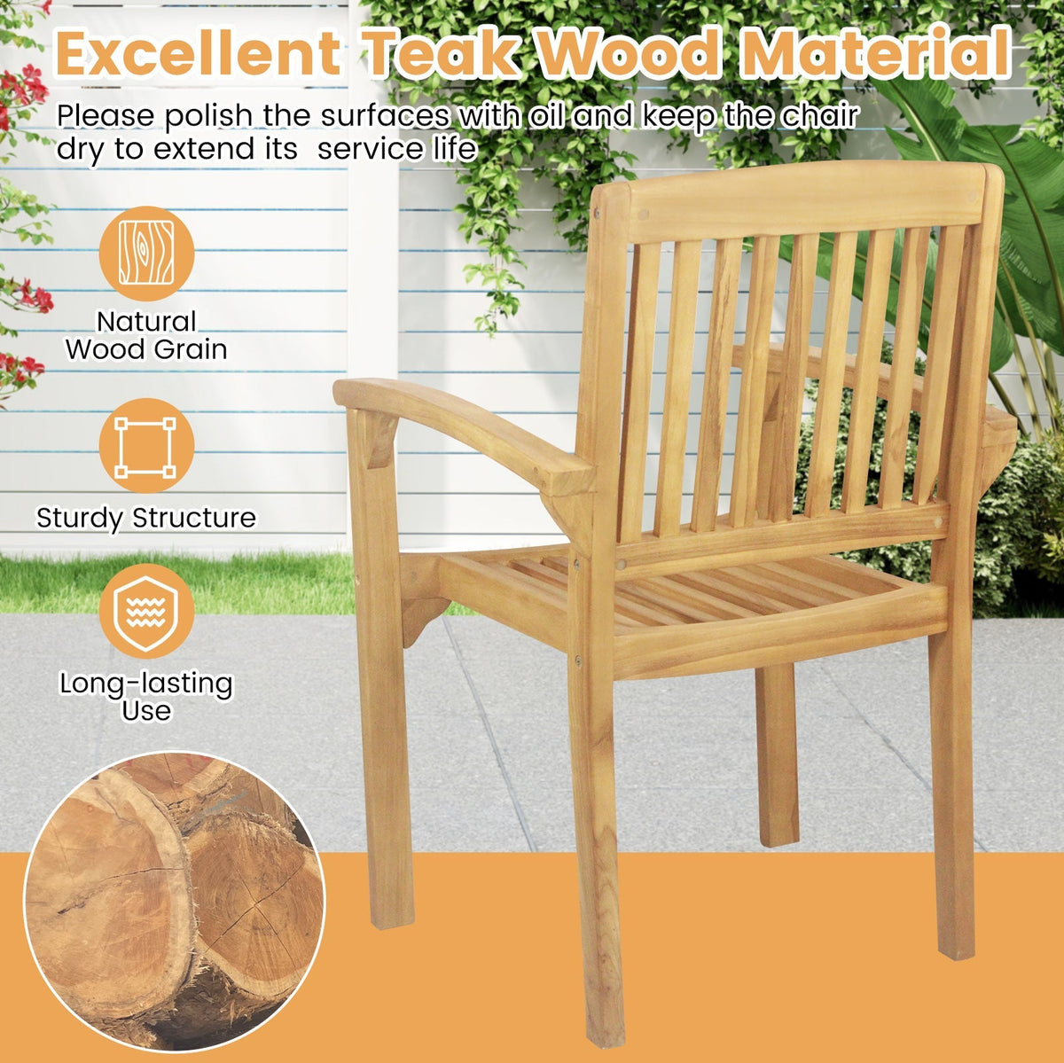 Set of 4 Outdoor Patio Chair with Slatted Seat and Curved Seat