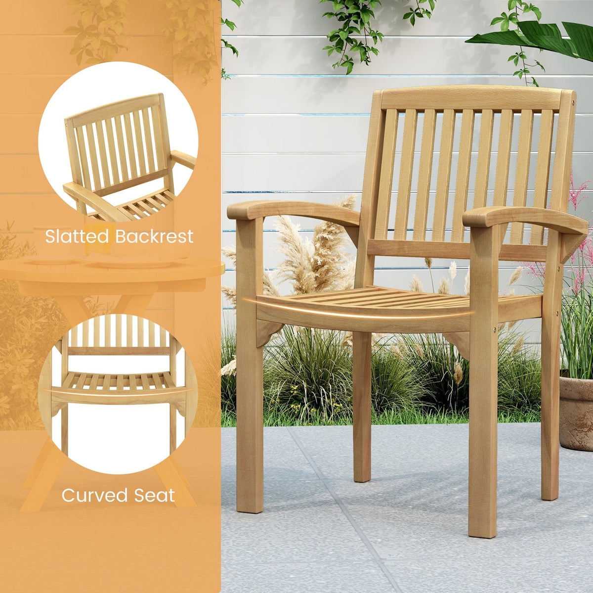 Set of 4 Outdoor Patio Chair with Slatted Seat and Curved Seat