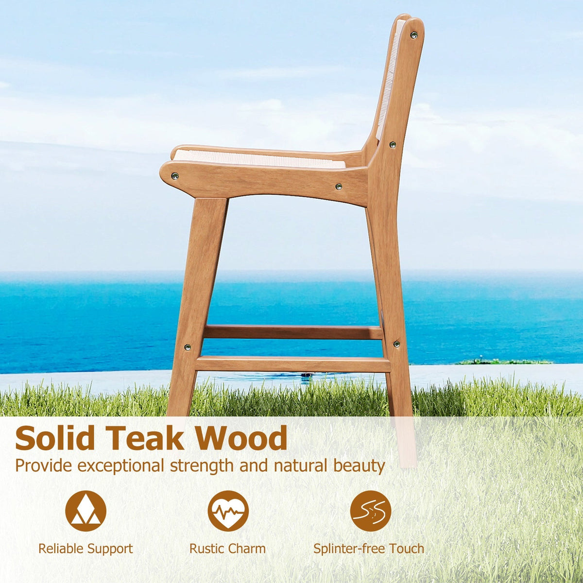Set of 4 Outdoor Counter Height Bar Stool Woven Paper Rope Patio Barstool with Teak Wood Frame