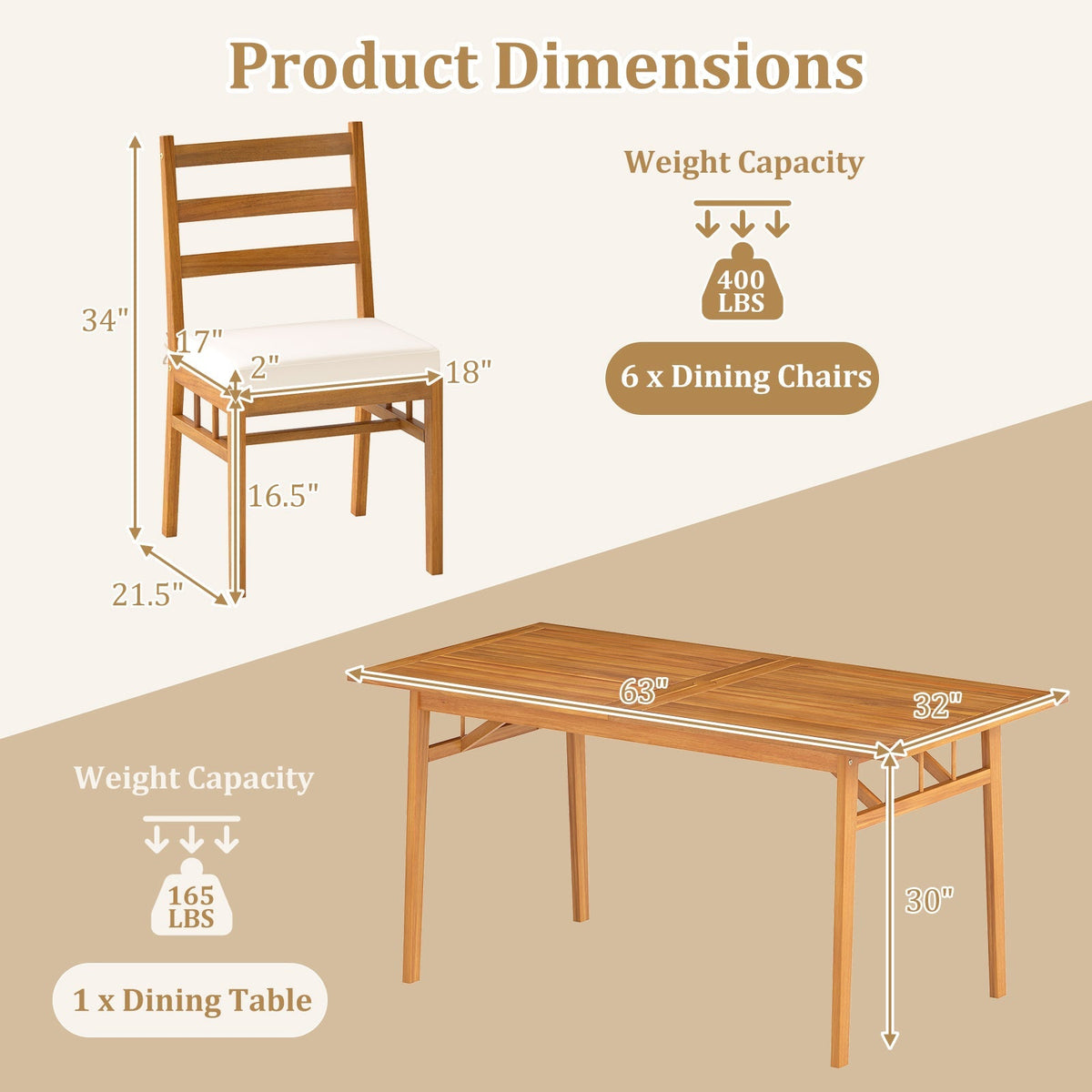 7 Pieces Patio Acacia Wood Dining Set Outdoor Rectangular Table and Chairs Set