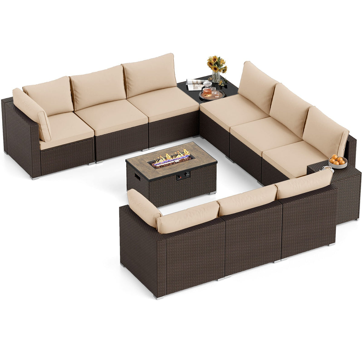 Outdoor PE Rattan Conversation Set with 32” Propane Fire Pit Table and Tank Holder