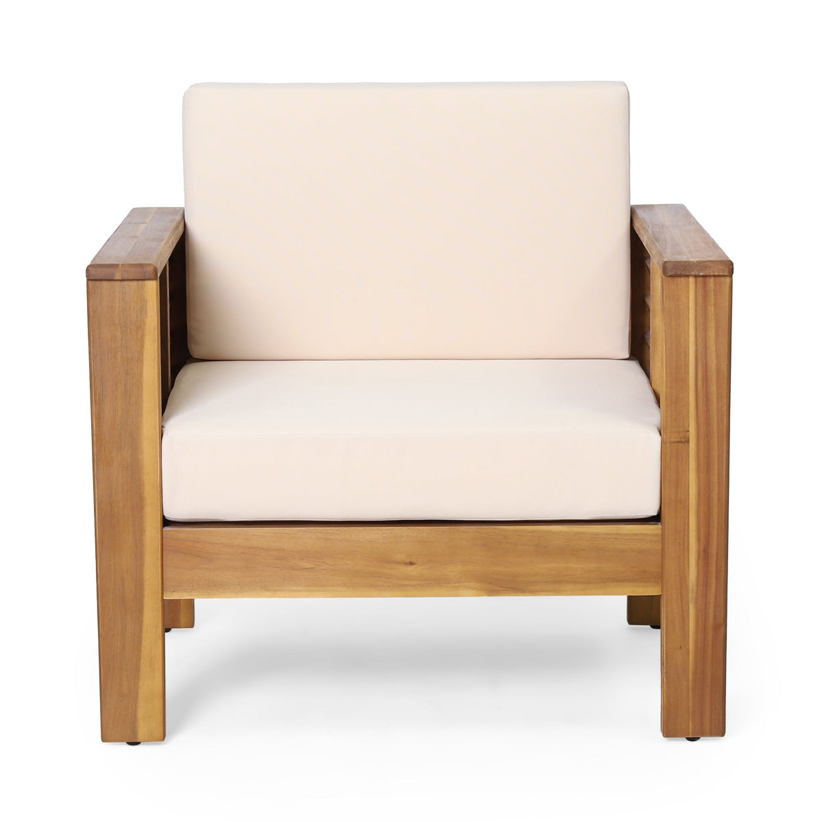 ( Set of 2) Outdoor Acacia Wood Club Chairs with Cushions, Teak+Beige, 27.75"D x 32"W x 27.75"H