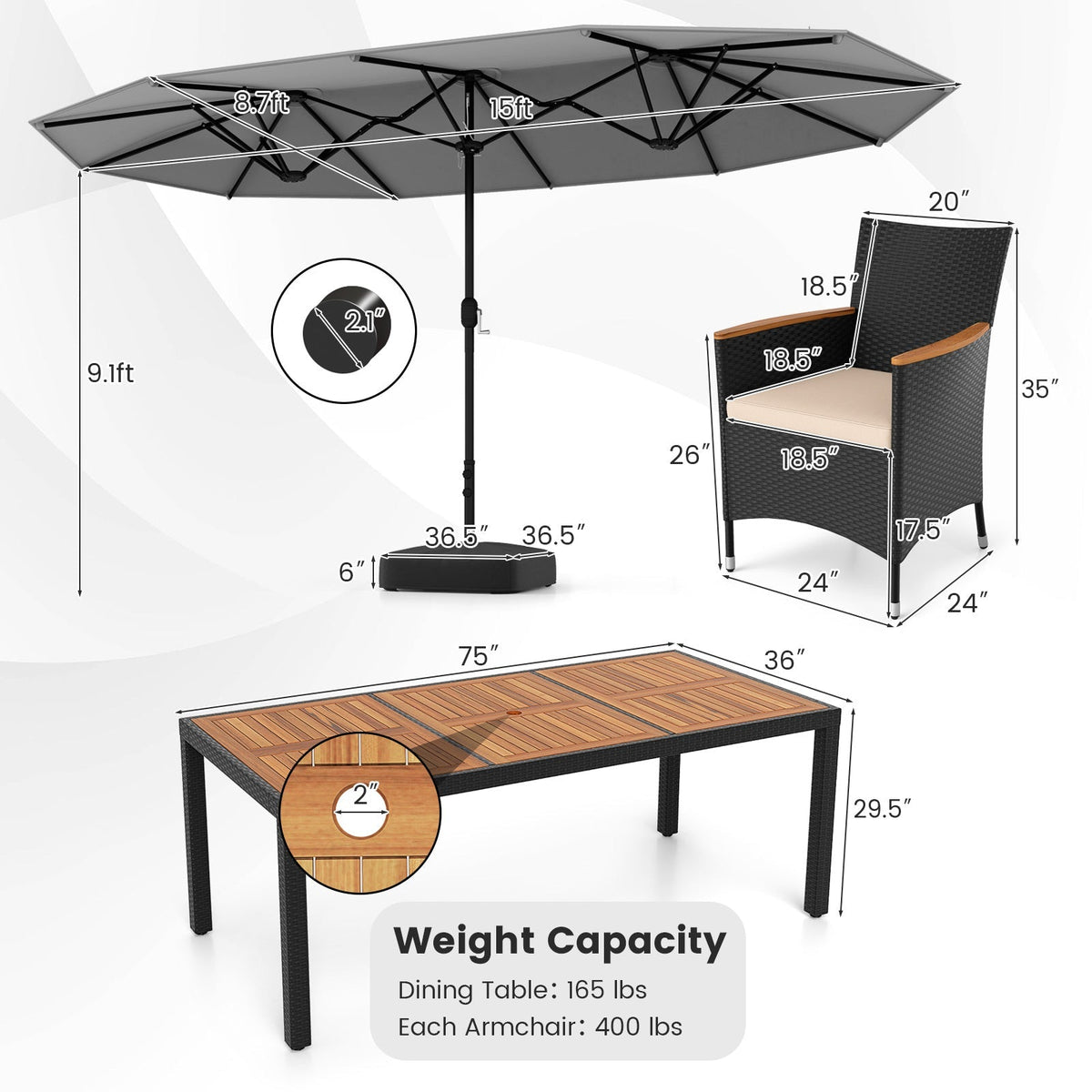 10 Piece Outdoor Dining Set with 15 Feet Double-Sided Twin Umbrella