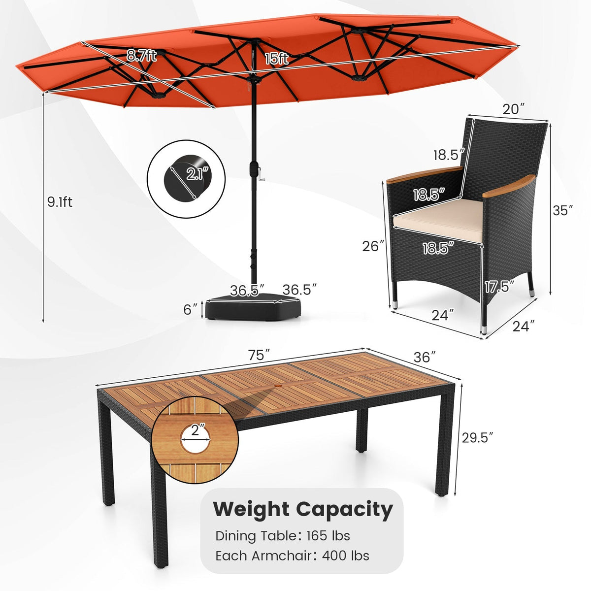 10 Piece Outdoor Dining Set with 15 Feet Double-Sided Twin Umbrella