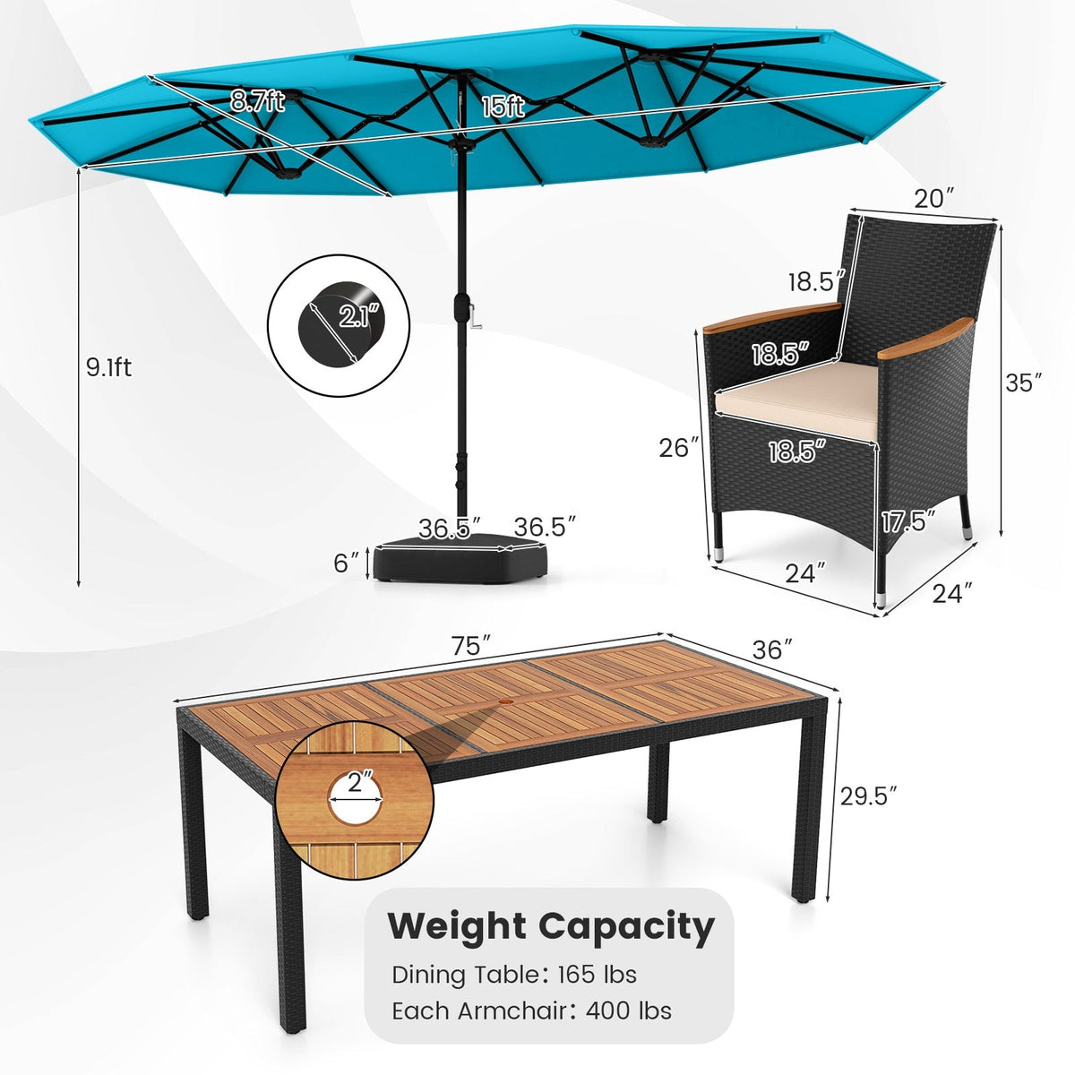 10 Piece Outdoor Dining Set with 15 Feet Double-Sided Twin Umbrella