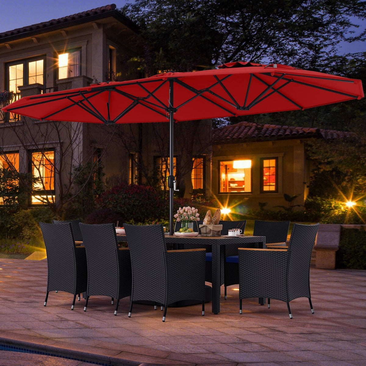 10 Piece Outdoor Patio Dining Set with 15 Feet Double-Sided Twin Umbrella