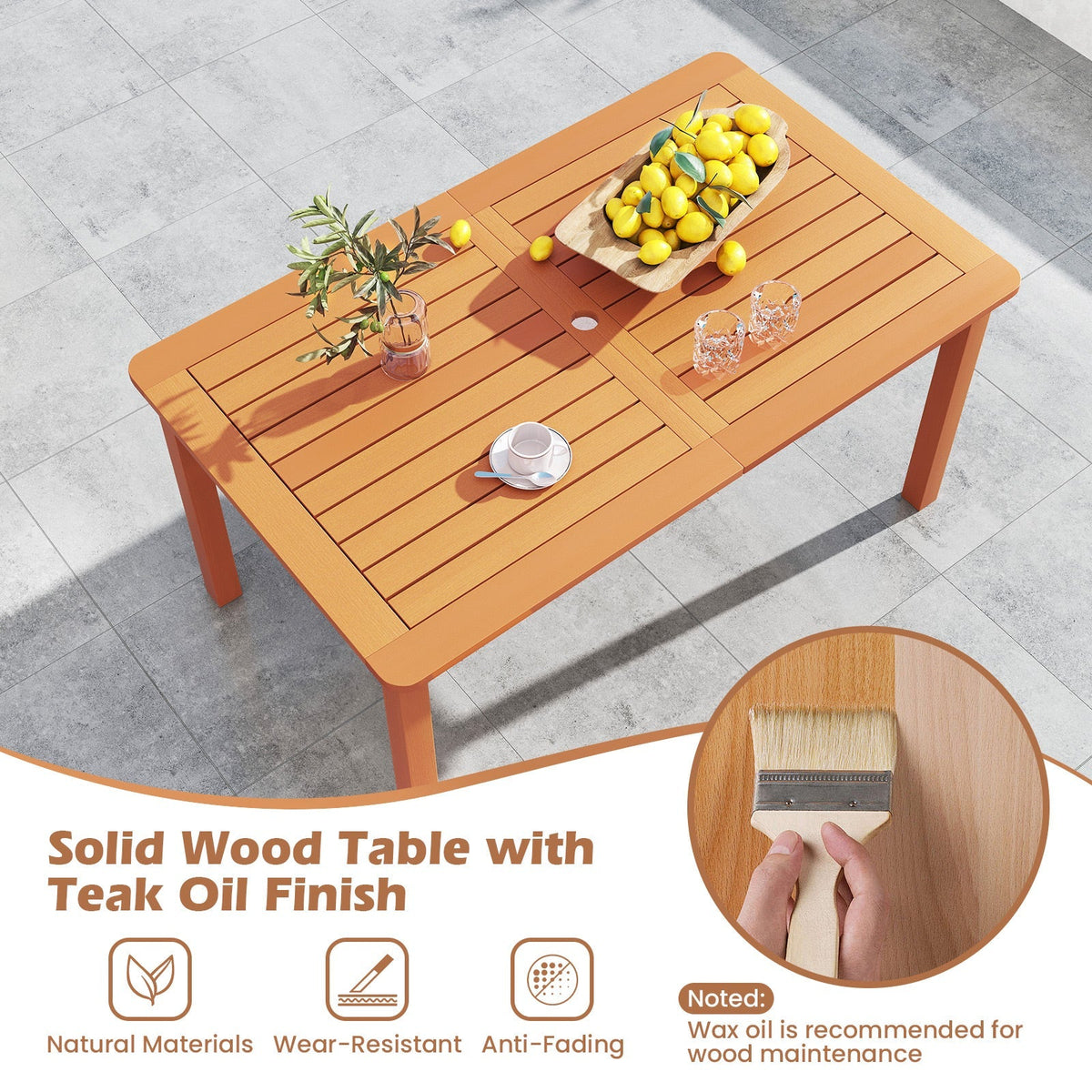 7 Pcs Outdoor Dining Set Teak Oil Finish Slatted Rectangular Dining Table and 6 Armchairs