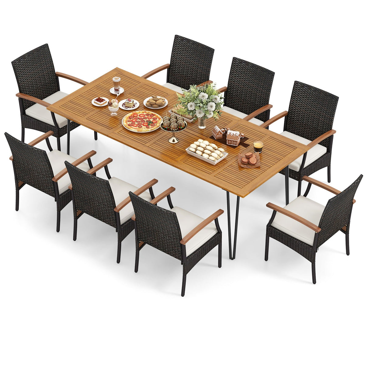 9 Pieces Outdoor Patio Dining Set with Acacia Wood Square Table and Umbrella Hole