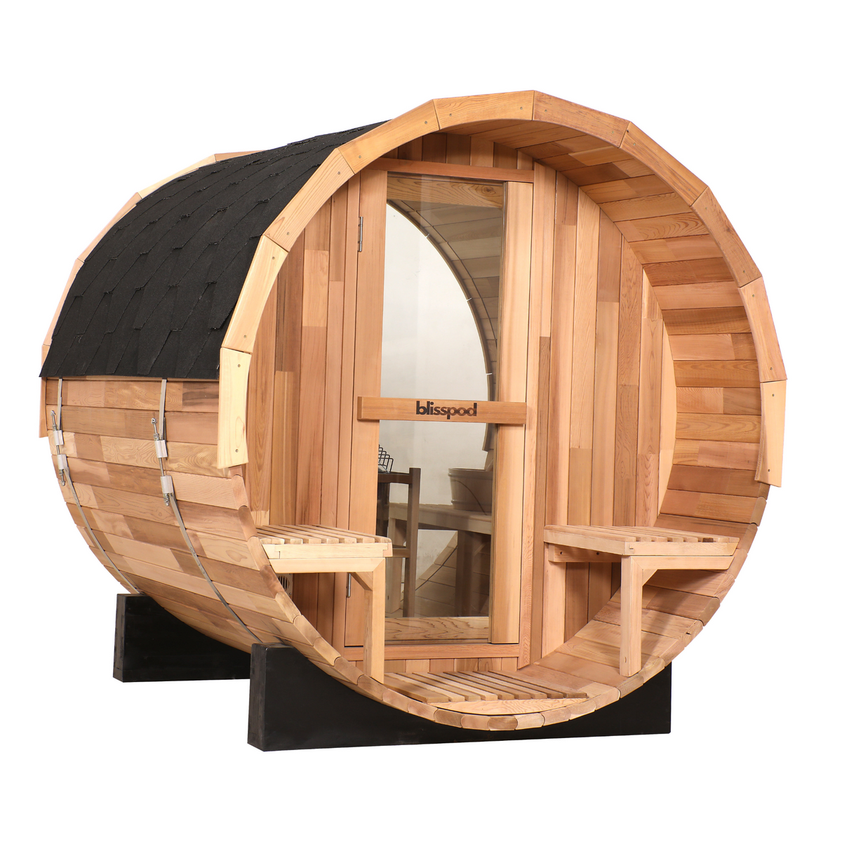 Blisspod | Prague | Canadian Red Cedar Outdoor Steam Barell Sauna | 2-4 / 4-6 persons with Full Glass Back & 2 front Porch seats