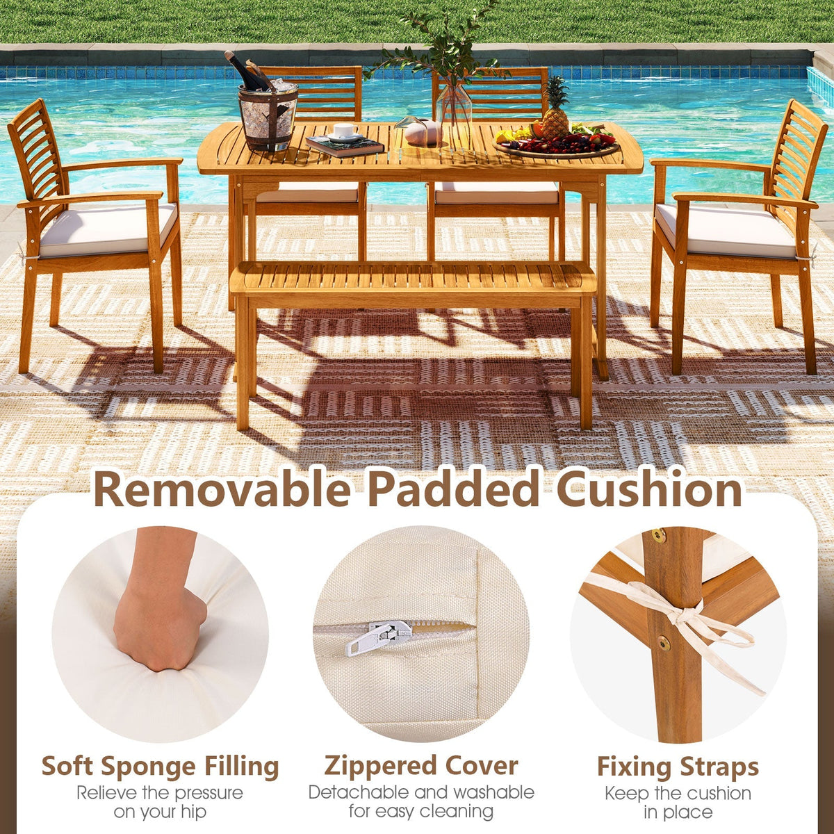 6 Pieces Outdoor Acacia Wood Dining Set with Umbrella Hole