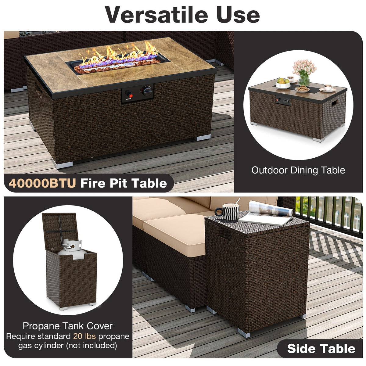 Outdoor PE Rattan Conversation Set with 32‚Äù Propane Fire Pit Table and Tank Holder