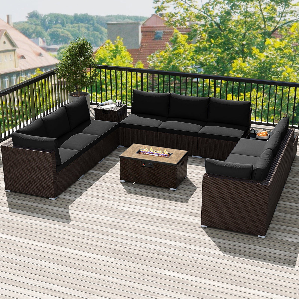 Outdoor PE Rattan Conversation Set with 32‚Äù Propane Fire Pit Table and Tank Holder