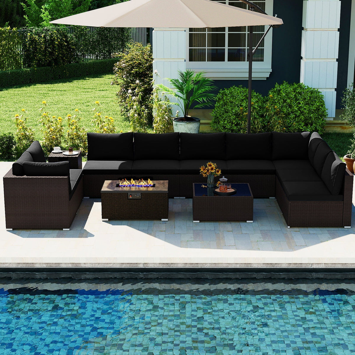 Outdoor PE Rattan Conversation Set with 32‚Äù Propane Fire Pit Table and Tank Holder