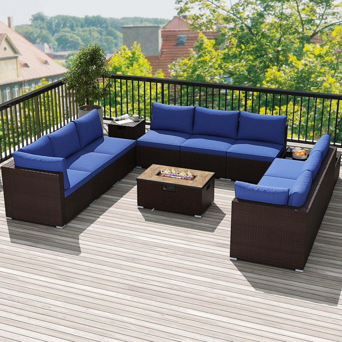 Outdoor PE Rattan Conversation Set with 32‚Äù Propane Fire Pit Table and Tank Holder