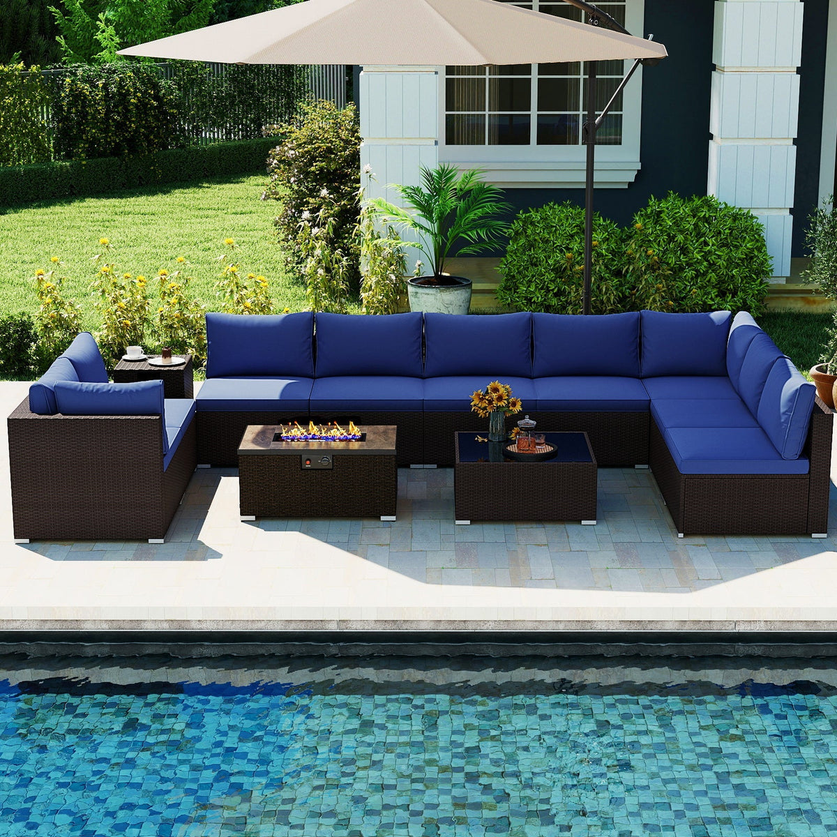 Outdoor PE Rattan Conversation Set with 32‚Äù Propane Fire Pit Table and Tank Holder