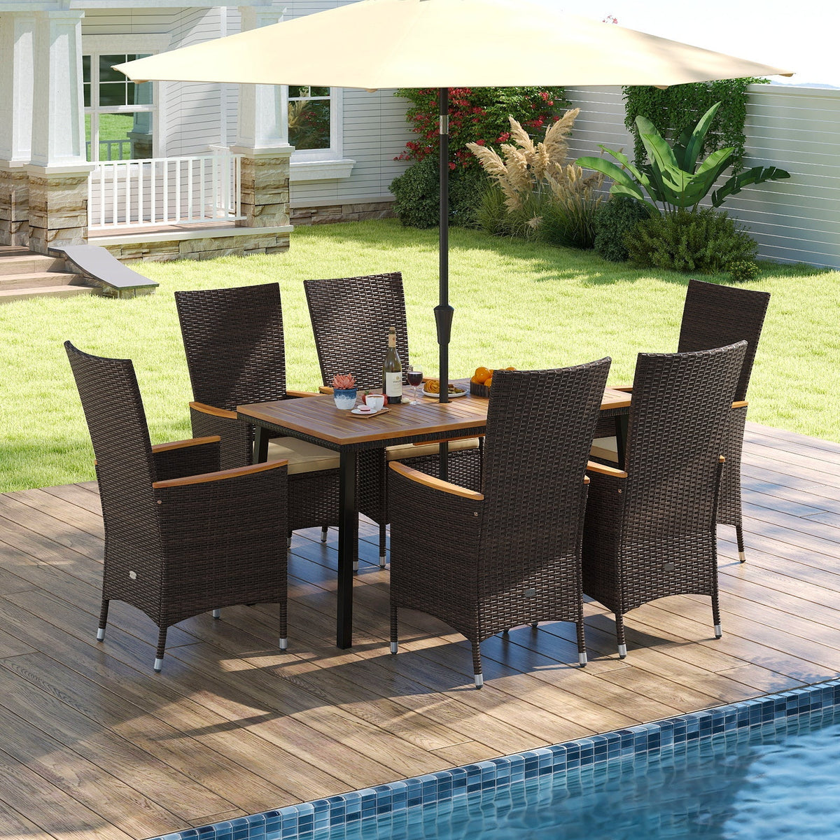 Outdoor Dining Set for 6 Patio Wicker Armchairs and Acacia Wood Table